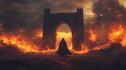 Wall Mural - A cloaked figure confronts a blazing ancient archway surrounded by intense flames in a dramatic twilight atmosphere. Blazing Path. Illustration