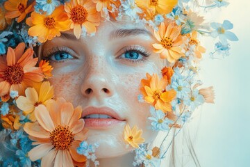 Wall Mural - Beautiful woman with freckles posing with orange and blue flowers