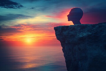 Wall Mural - Sunset silhouette on a cliff overlooking the ocean with vibrant colors in the sky and calm waters below