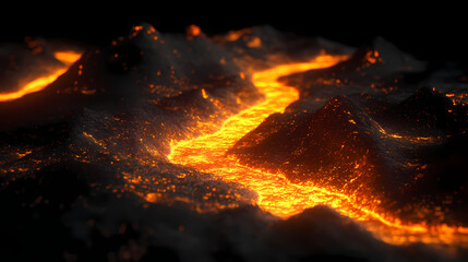 Wall Mural - A fiery, glowing path winds through a dark mountain range, with a blazing peak at the center. the path glows with intense orange light, suggesting a flow of molten lava. Blazing Path. Illustration