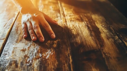 Aufkleber - Hand resting on a warm wooden surface
