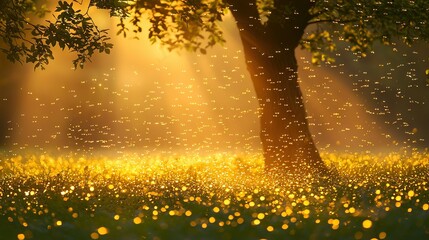 Poster - the sun illuminates the trees and grass in the picture's foreground
