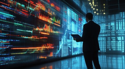 Poster - Businessman analyzing financial data displayed on a large screen