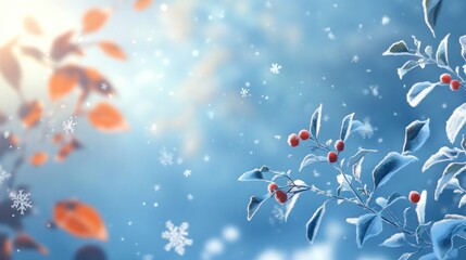 Poster - Winter Frost Scene With Red Berries and Snowflakes