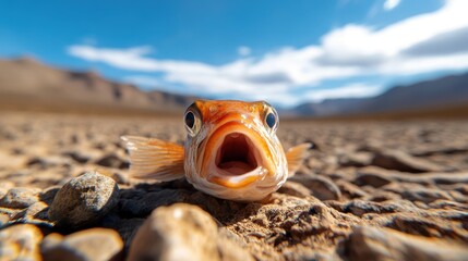 A detailed close-up photo of a fish positioned on sandy desert ground, with its mouth open, encapsulating the viewers’ immediate attention in a unique setting.