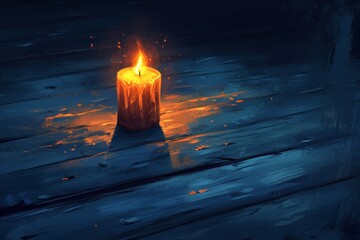 Poster - Candle flickering softly on a dark wooden surface creating a warm and tranquil atmosphere in an evening setting