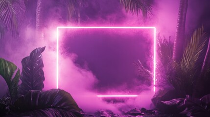 Wall Mural - Pink Neon Square Frame in Tropical Night Setting