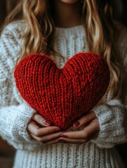 Wall Mural - Woman holding knitted red heart, showing love and affection