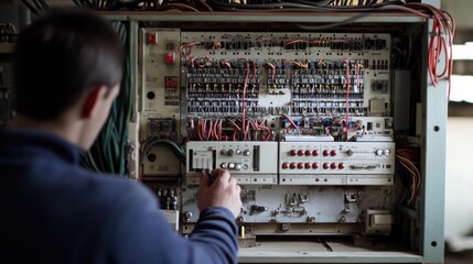 Poster - Technician Examining Complex Electrical Control Panel