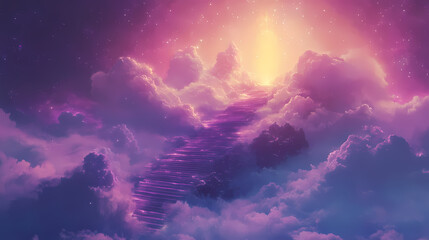 Wall Mural - Radiant pathway of steps ascending through a sea of clouds, ending at a celestial gate of gold. Celestial Lagoon. Illustration