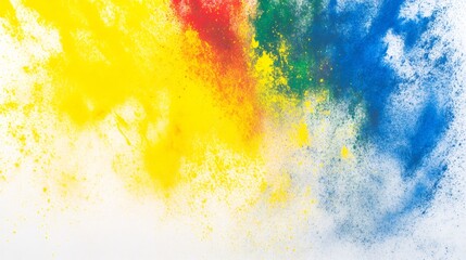 Poster - yellow, red, green and blue powder exploding on white background creating a vibrant and colorful wat