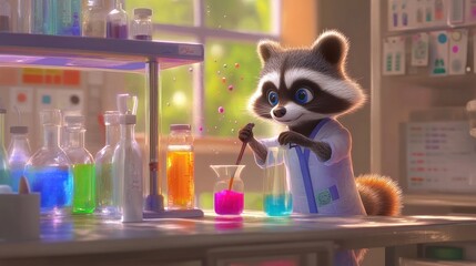 Aufkleber - Raccoon Scientist Conducts Colorful Experiments In Lab
