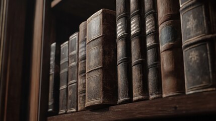 Poster - Antique Leather Bound Books Line a Wooden Shelf