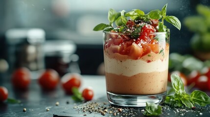 Wall Mural - This vibrant dessert features layers of creamy goodness, fresh tomatoes, and aromatic basil, offering a visually appealing and flavorful combination in a glass.