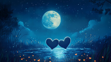 two hearts, one moonlit night. celestial lagoon. illustration