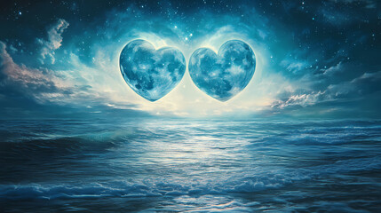 two hearts, one moonlit night. celestial lagoon. illustration