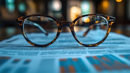 Fototapete - Brown Framed Eyeglasses Resting on Documents