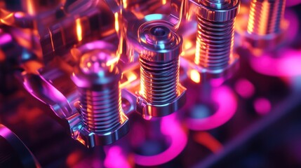 Poster - Illuminated Metal Engine Components Close Up View
