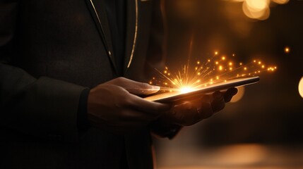 Poster - Man in Suit Using Tablet with Golden Light Sparks