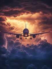 Poster - Airplane navigating through turbulent storm clouds during twilight hours. Generative AI