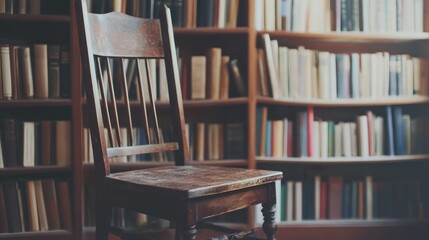 Aufkleber - Wooden Chair in a Room Filled with Bookshelves
