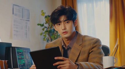 Aufkleber - Young Man Works Using Tablet in Office Setting