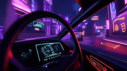 Poster - Futuristic Night Drive Through Neon Cityscape