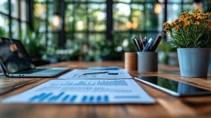 Poster - Workplace documents laptop phone and flowers on wooden table
