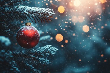 Wall Mural - Snow-covered Christmas tree adorned with a red ornament against a wintery backdrop during evening hours