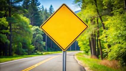 yellow traffic sign on the side of the road at a summer road intersection, road side, caution