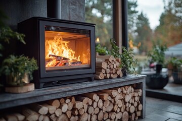 Cozy indoor fireplace surrounded by firewood and greenery during autumn afternoon