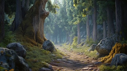 Poster - Misty Forest Path Winding Through Ancient Trees