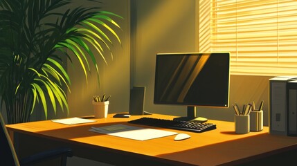 Poster - Sunlit Office Workspace With Plant And Computer