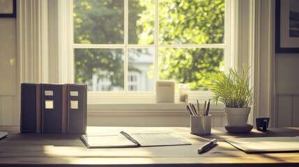 Poster - Sunny Office Desk Workspace With Open Planner And Plant