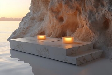 Wall Mural - Serene retreat with glowing candles by the tranquil water at sunset