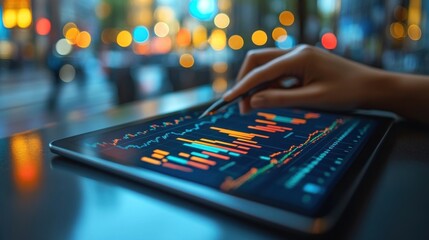 Poster - Hand Analyzing Financial Data On Tablet At Night