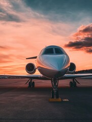 Poster - Silhouette of airplane against a stunning golden sunset in the evening sky. Generative AI