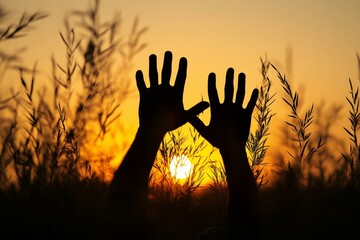 Wall Mural - Hands creating shapes against a vibrant sunset over a field of grass in the evening