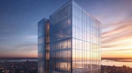 Poster - Modern Glass Skyscraper at Sunset Over Cityscape