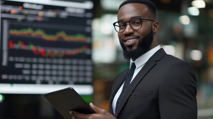 Poster - Smiling Black Businessman Holding Tablet Near Stock Market Data