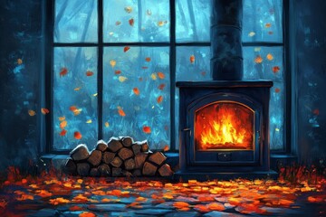 Poster - Cozy fireplace warms a room with colorful autumn leaves swirling outside on a chilly day