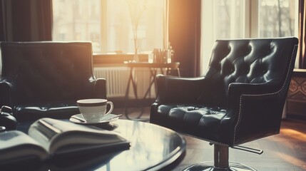 Poster - Luxurious Leather Chairs Coffee Book Sunlit Room