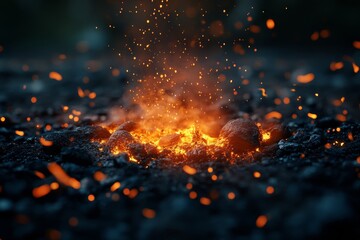 Natural volcanic eruption spewing lava and sparks in a dark environment during twilight