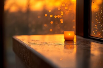 Wall Mural - Soft glow of a candle creates a warm ambiance by a window during sunset with raindrops on the glass