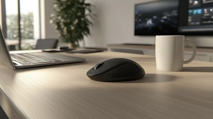 Poster - Modern Wireless Mouse on Desk near Laptop and Coffee