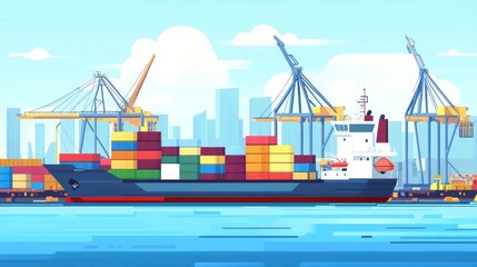 Poster - Container Ship Docked at a Busy City Port
