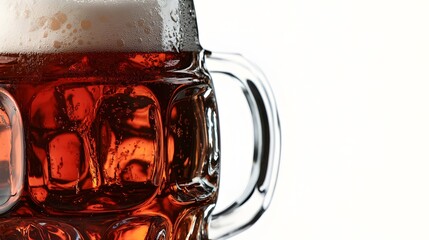 A close-up of a beer stein filled with dark amber beer, showing condensation and foam.