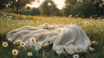 Wall Mural - A white blanket is spread out on a field of yellow flowers