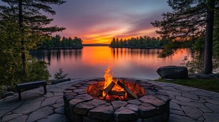Poster - Lakeside Bonfire At Sunset Peaceful Summer Evening