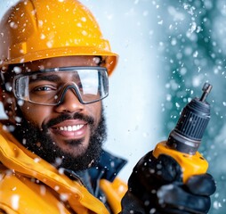 Black male carpenter drilling into wood while wearing protective gear in snowy conditions on a white background